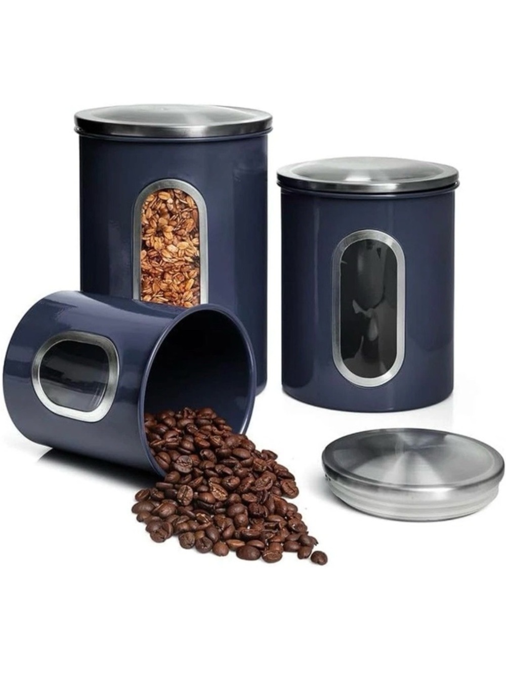 3 pc Airtight Metal Canisters Clear Window Kitchen Storage & Organization New